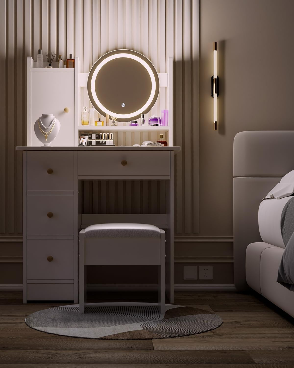 White Dressing Table Set Makeup Vanity w/ Round LED Light Mirror & Stool