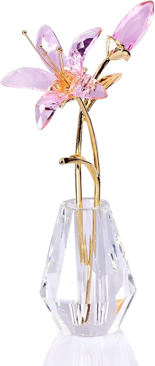 Pink Crystal Lily Flower Ornament • Luxury Glass Vase Figurine • Elegant Floral