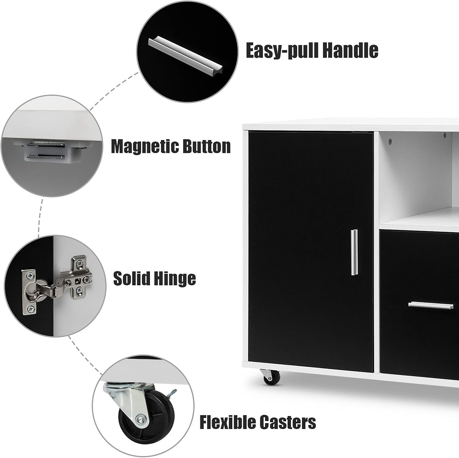 Black White Mobile File Cabinet 100cm Printer Stand Rolling Storage