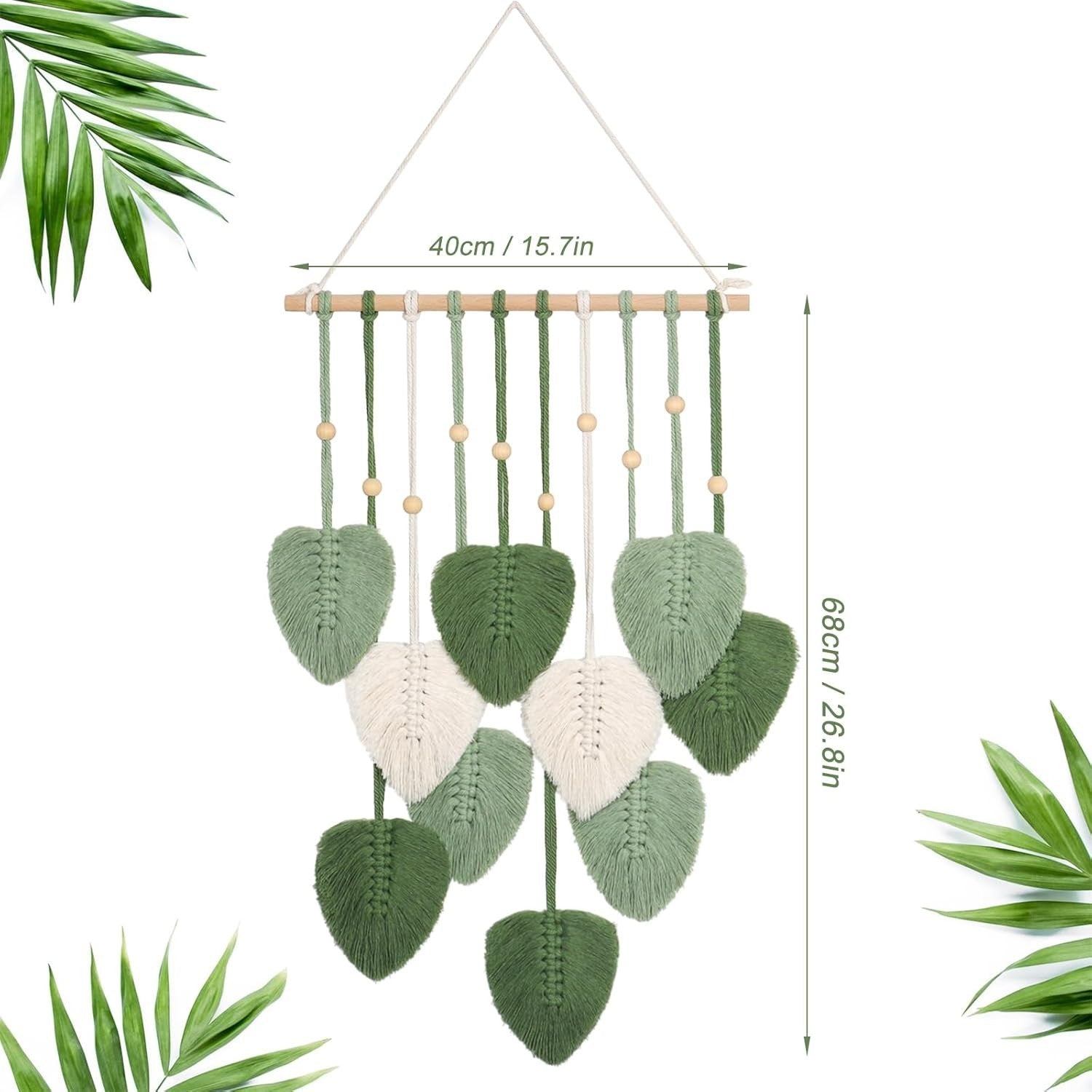 Green Macrame Wall Hanging Leaf Tapestry 40x90cm Boho Decor