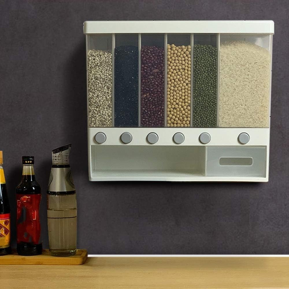 10KG Wall Mounted Rice Dispenser 6 Grid Cereal Storage Moisture Proof