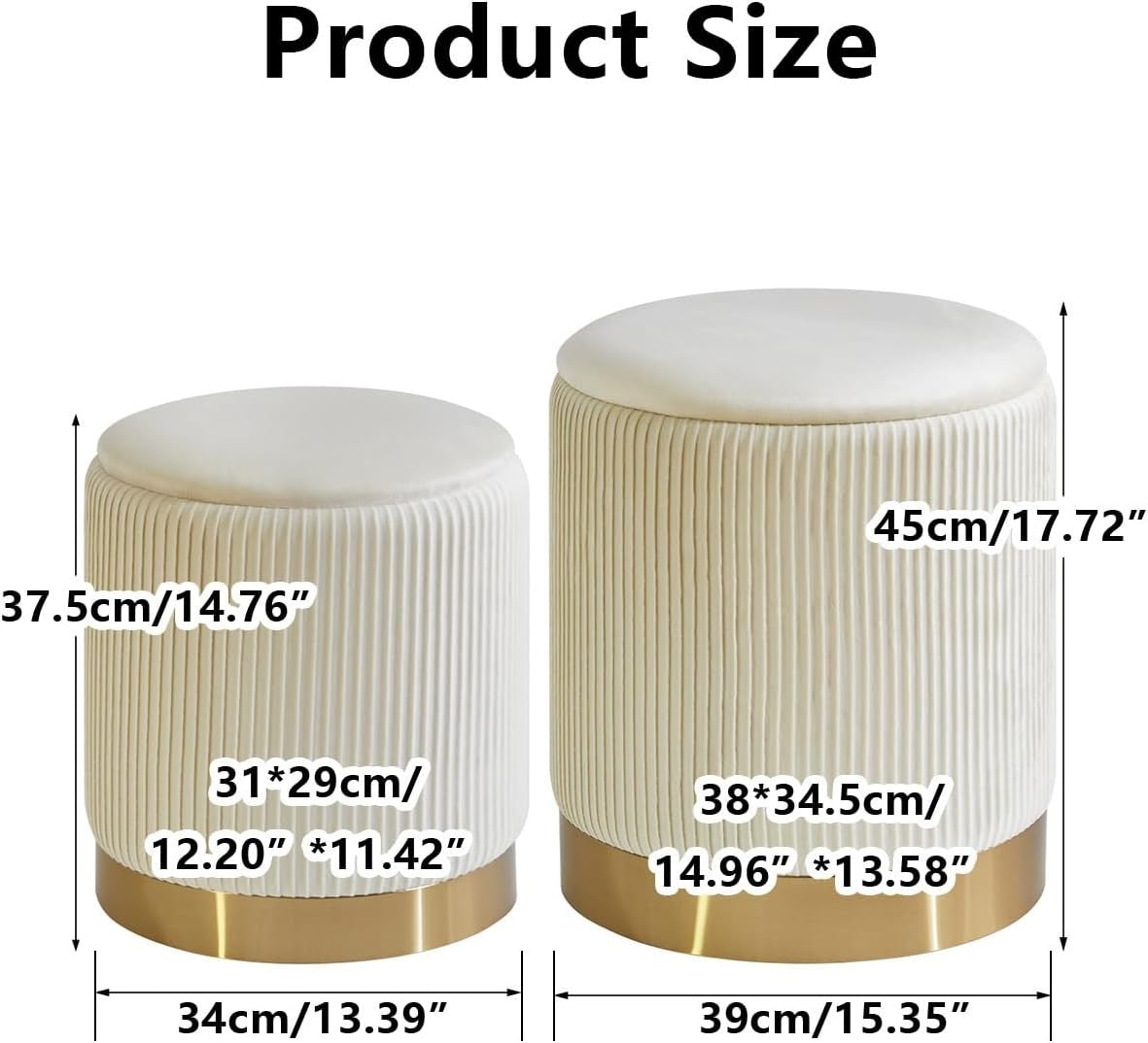Set of 2 White Round Storage Ottomans – Velvet Pouffe Footstools with Table Tops