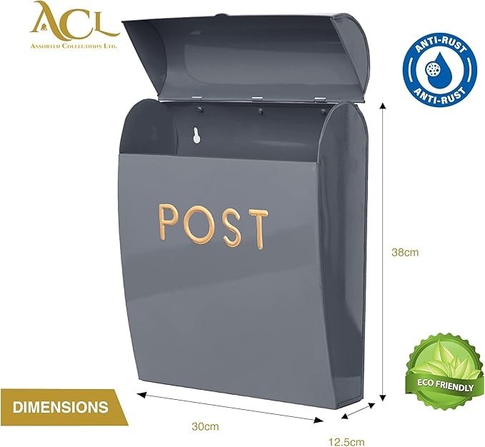 Wall Mounted Grey Post Box Large Weatherproof Mailbox No Lock Easy Access Durabl