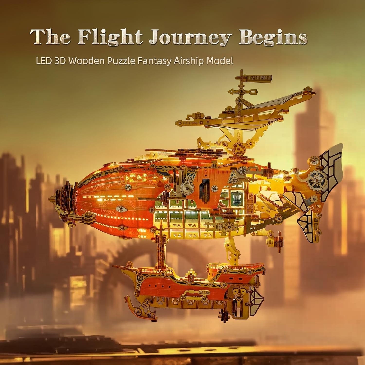 3D Wooden Steampunk Airship Puzzle Kit with LED Lights DIY Gift Model