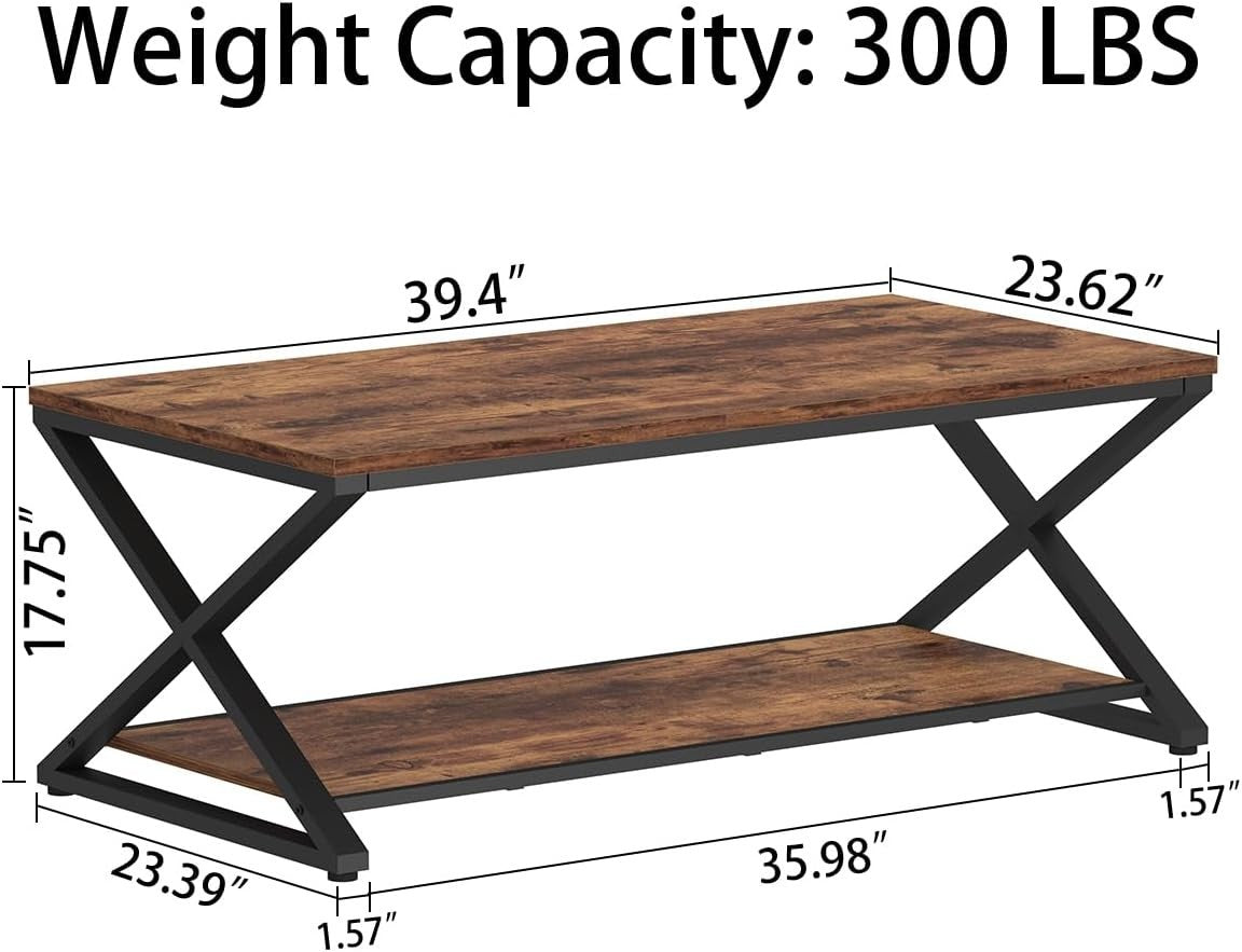 Rustic Wood Coffee Table with Storage Shelf – Modern Farmhouse 39" Rectangular