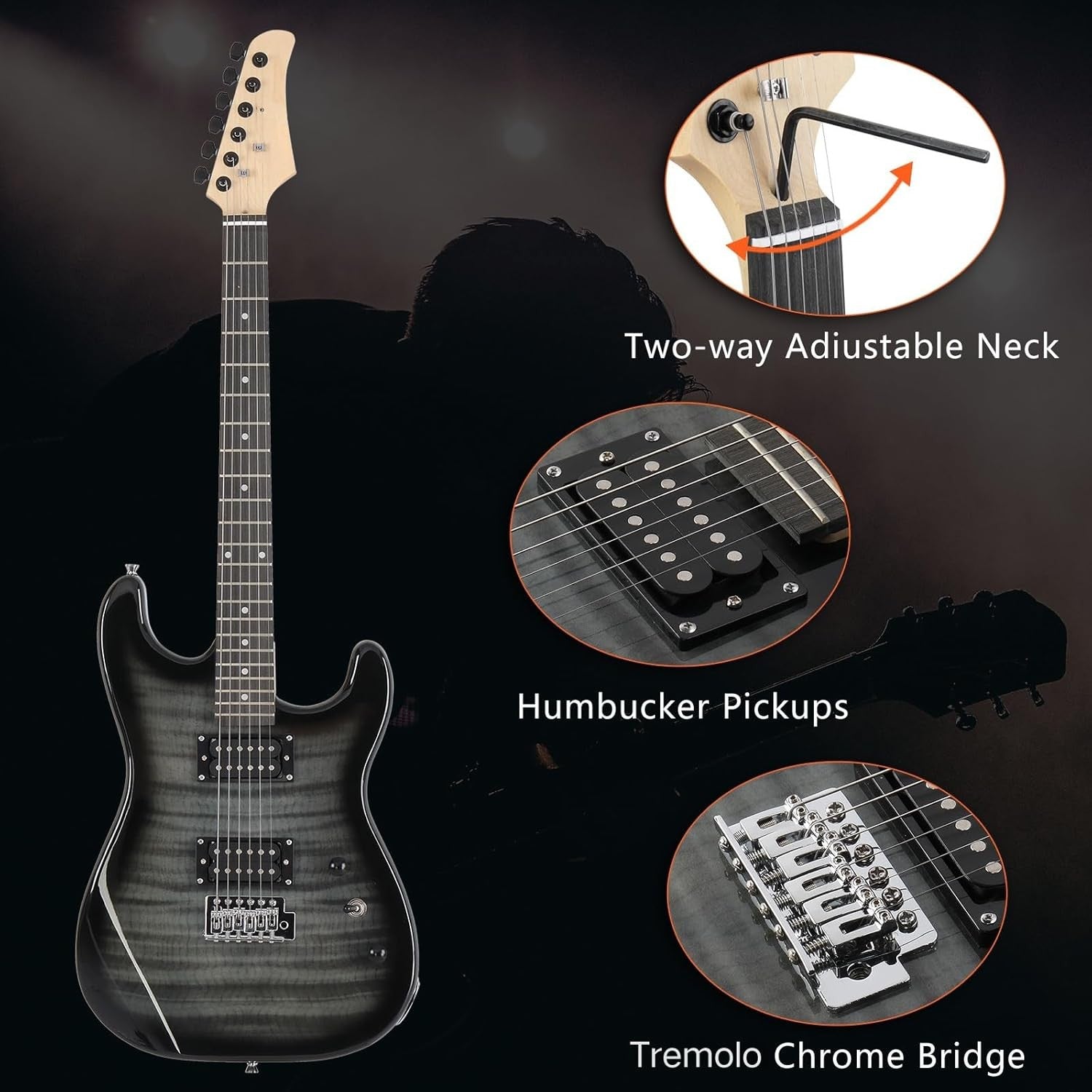 39” Electric Guitar Starter Kit H-H Pickups 20W Amp Black