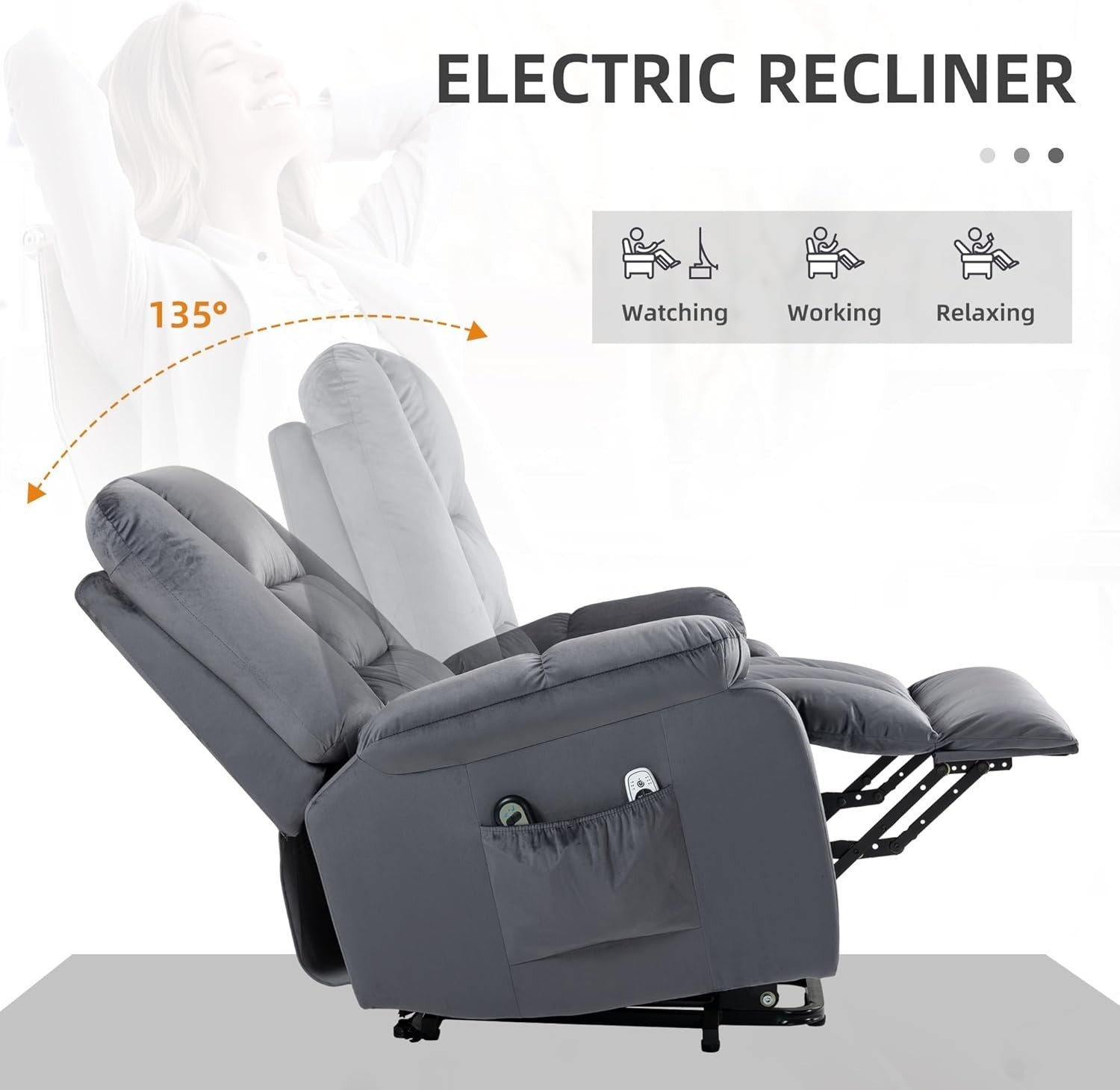 Velvet Lift Recliner Chair Massage Heat Riser Armchair for Elderly Grey