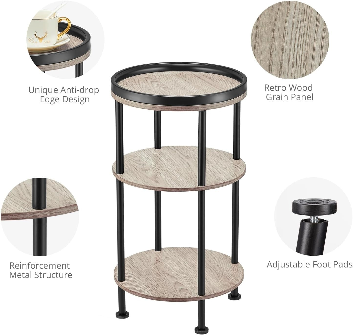 3 Tier Round Side Table with Storage Shelf Metal Frame Small Space Oak 30x55