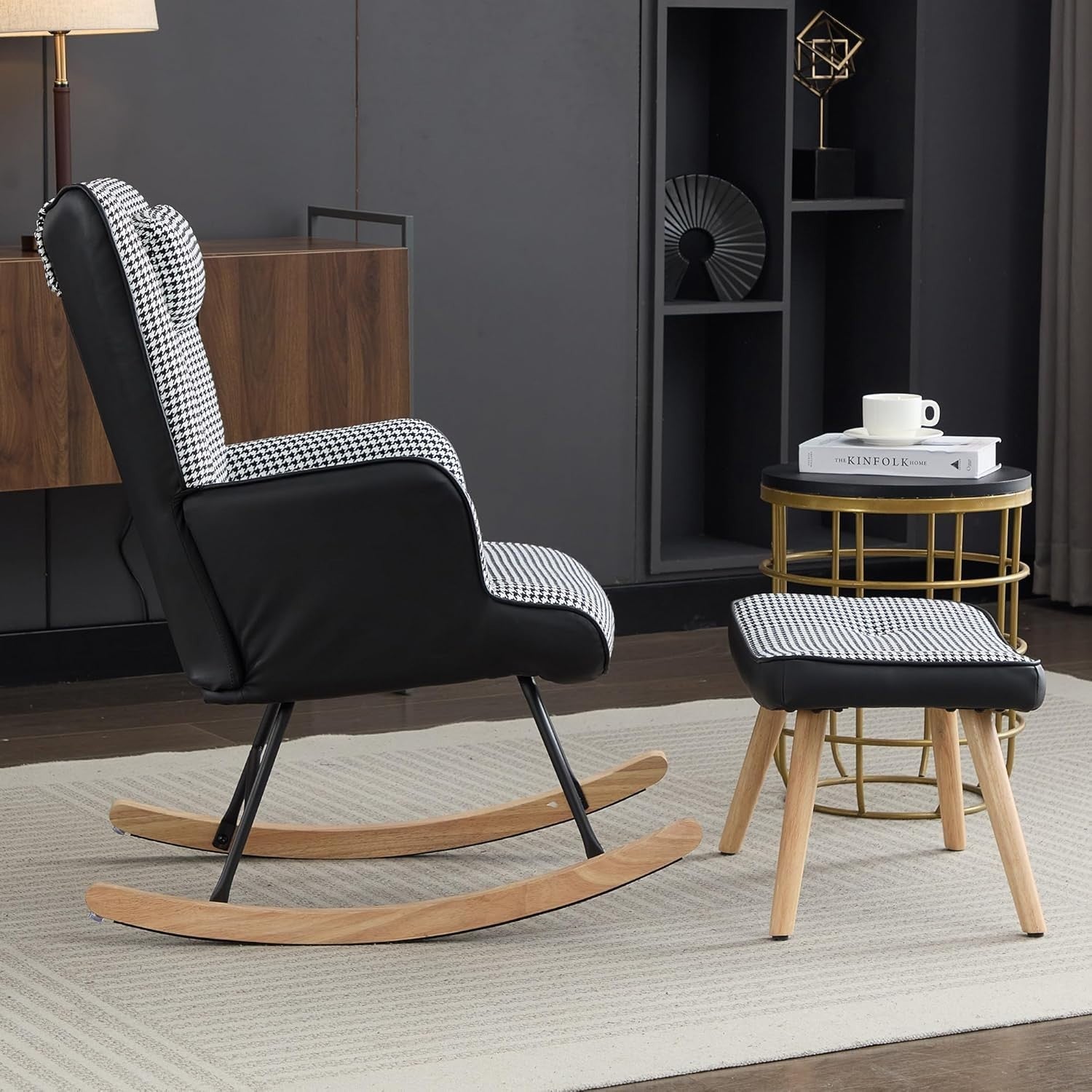 Modern Rocking Chair w/ Footstool, High Back, Side Pocket, Foam Seat