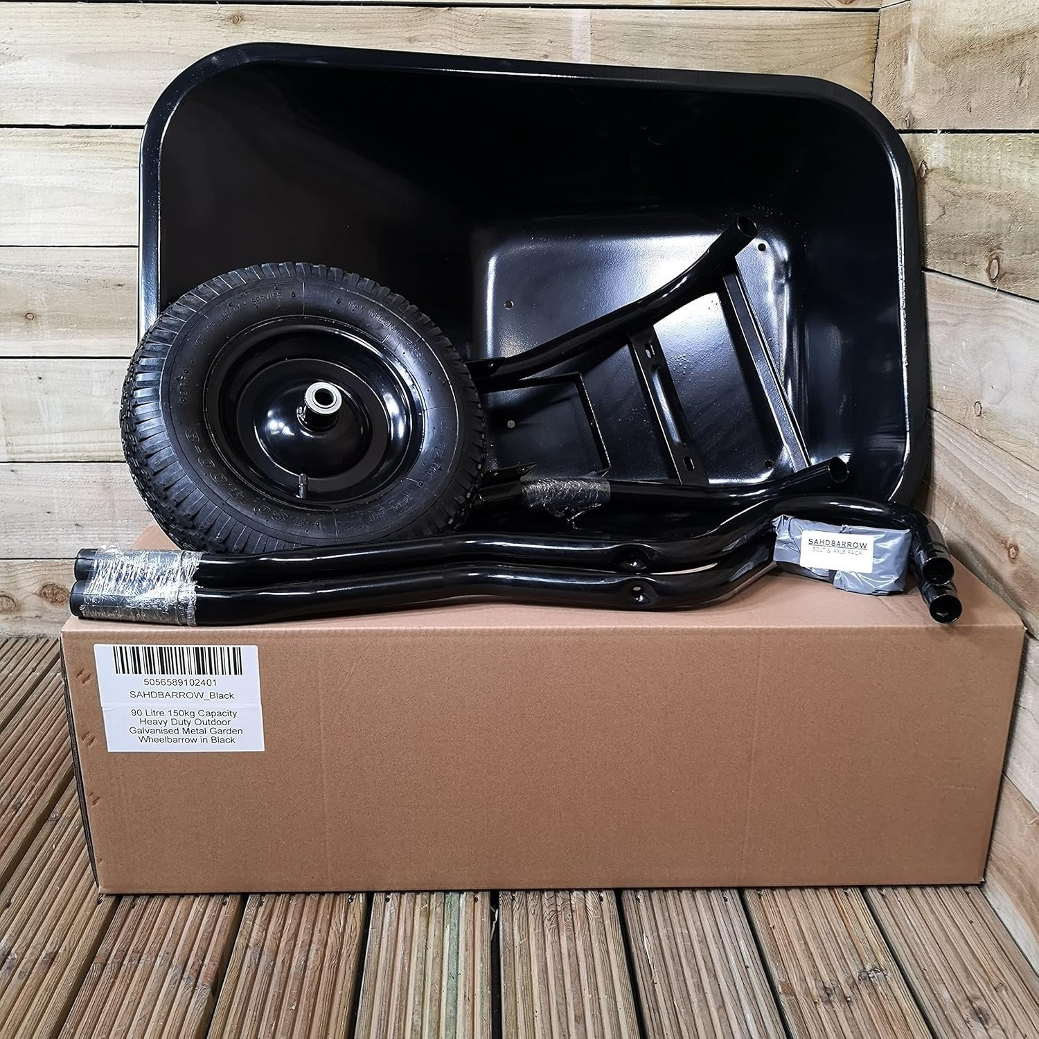 90L Black Galvanised Wheelbarrow – Steel Frame w/ Pneumatic Tyre 150kg Capacity