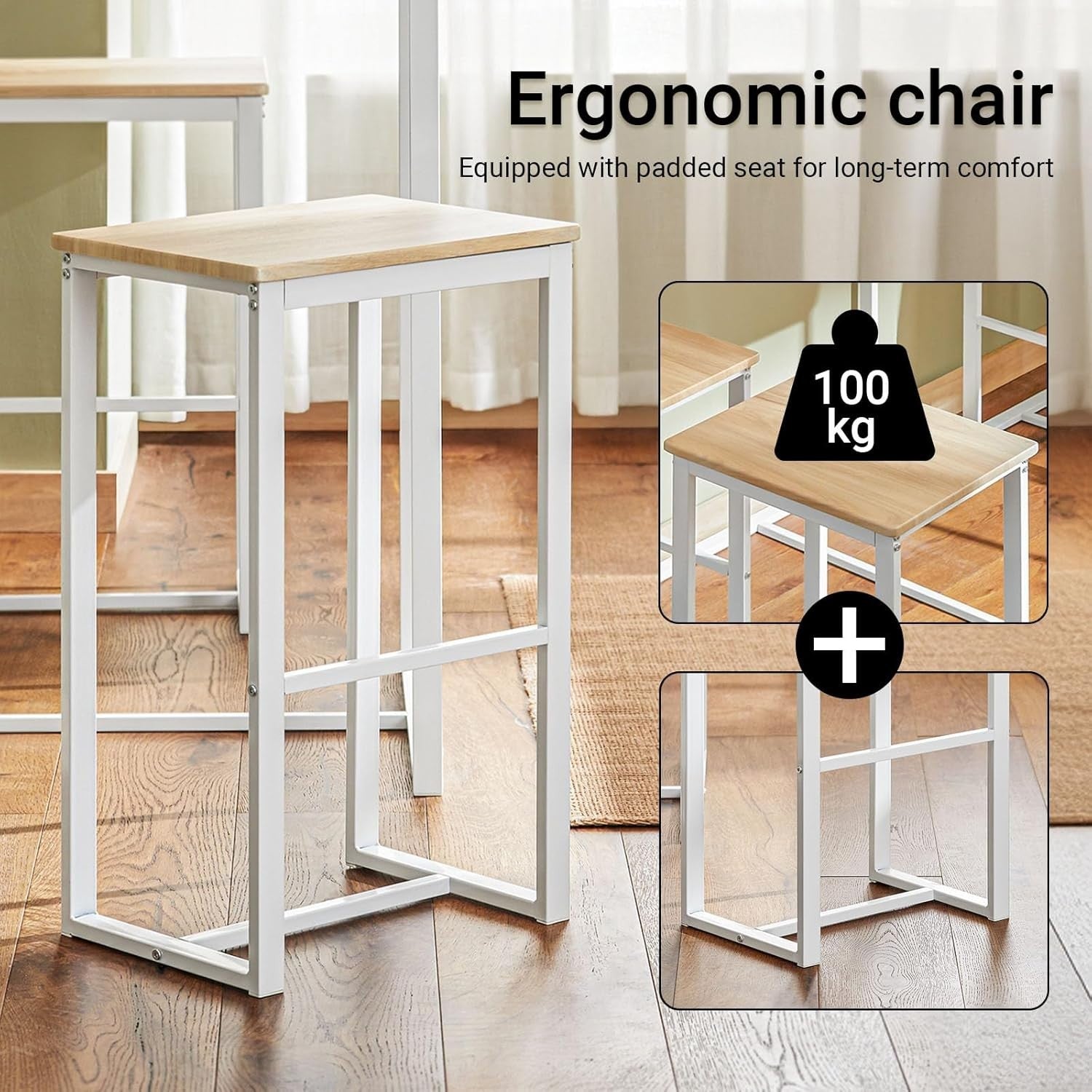 Compact Breakfast Bar Setup High Table Set 4 Stools, White & Natural 100×60cm