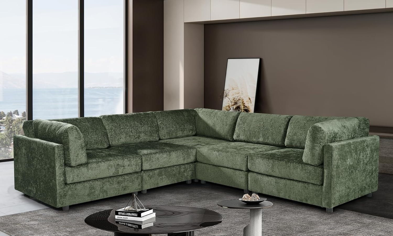 Large Green Chenille Modular Corner Sofa – 5 Seater L Shape 260cm x 260cm