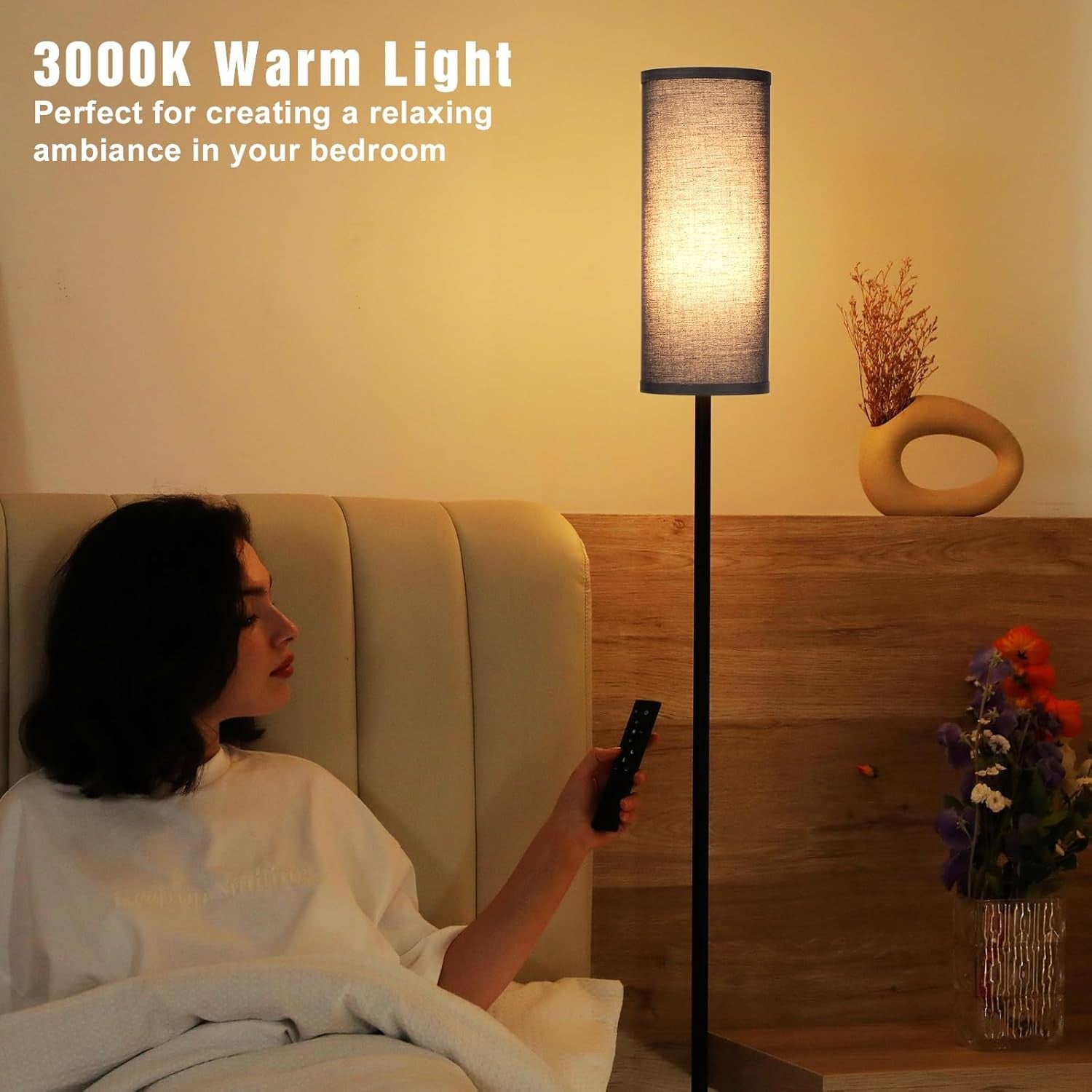 Black Corner Floor Lamp Remote Control Dimmable Standing Light Living Room