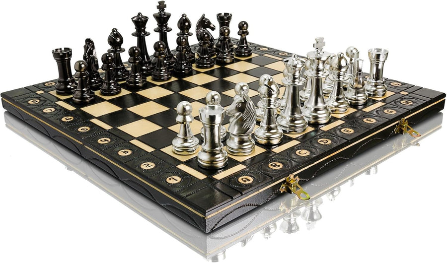 Metallic Staunton Chess Set 41cm Foldable Wooden Board Luxury Silver Pieces