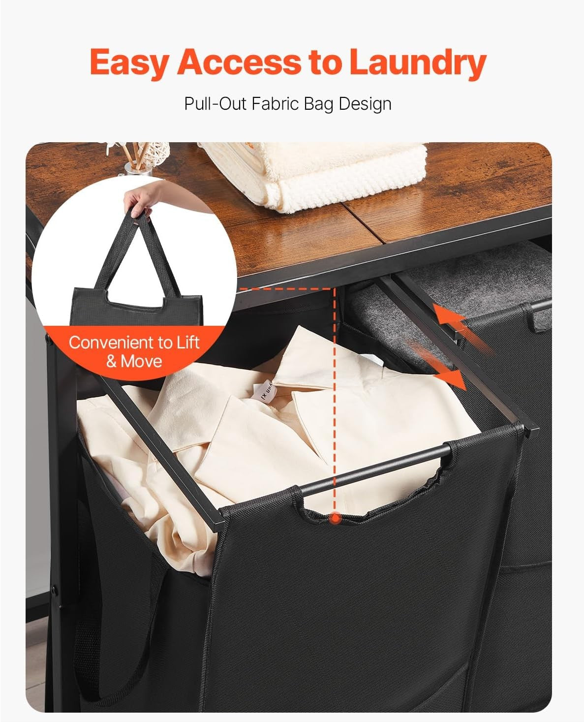 4 Section Laundry Sorter with Wood Top Large Rolling Hamper Pull-Out Bags Black