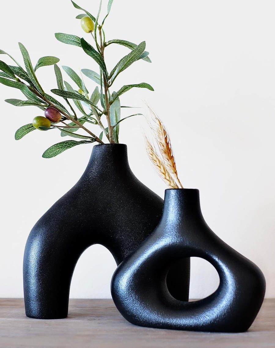 Black Ceramic Donut Vase Set Modern Nordic Hollow Decor Table Display
