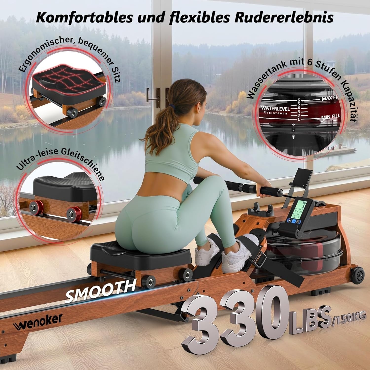 Foldable Wooden Water Rowing Machine Bluetooth LCD Quiet Dual Rail Home Gym