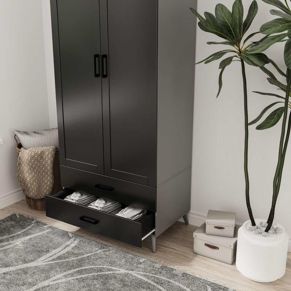 Modern Grey 2 Door Wardrobe with 2 Drawers – Space-Saving Bedroom Storage