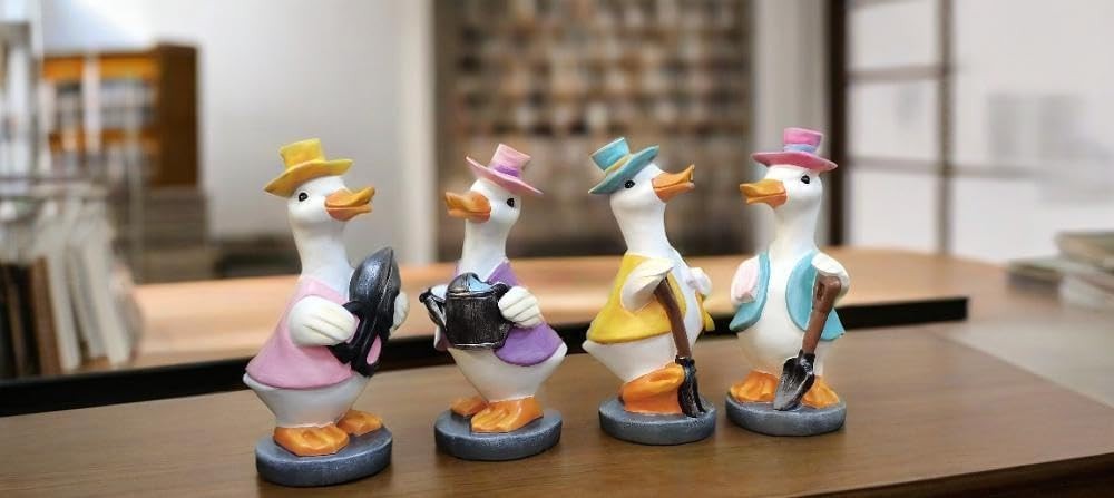 Set of 4 Duck Figurines • Outdoor Resin Garden Ornaments • Cute Patio Yard Decor