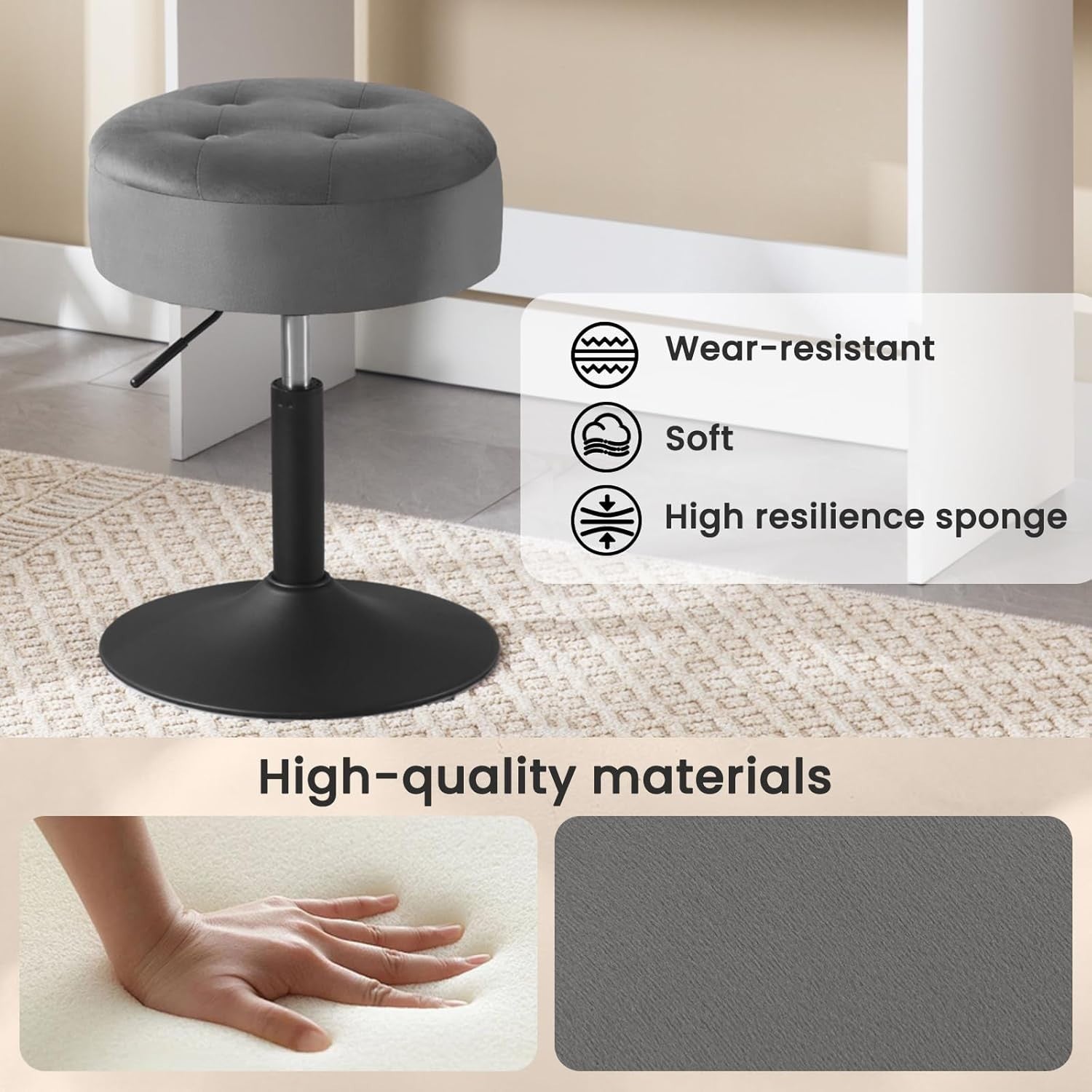 Dark Grey Velvet Swivel Stool with Storage Round Adjustable Vanity Chair
