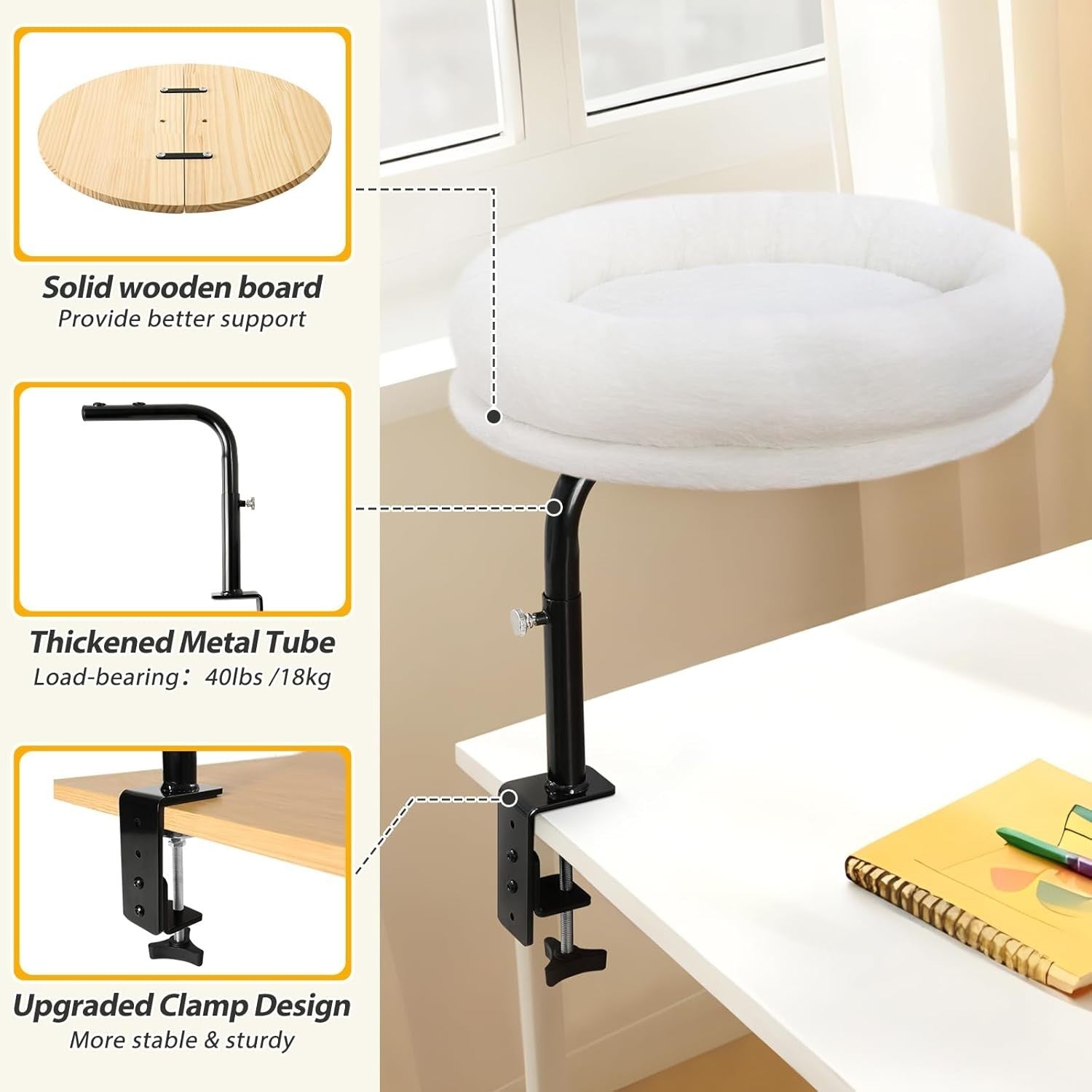 360° Rotating Cat Desk Bed Adjustable Clamp Hammock Perch White