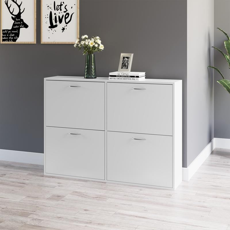 Modern 4 Drawer White Shoe Cabinet Storage Unit for Hallway & Entryway
