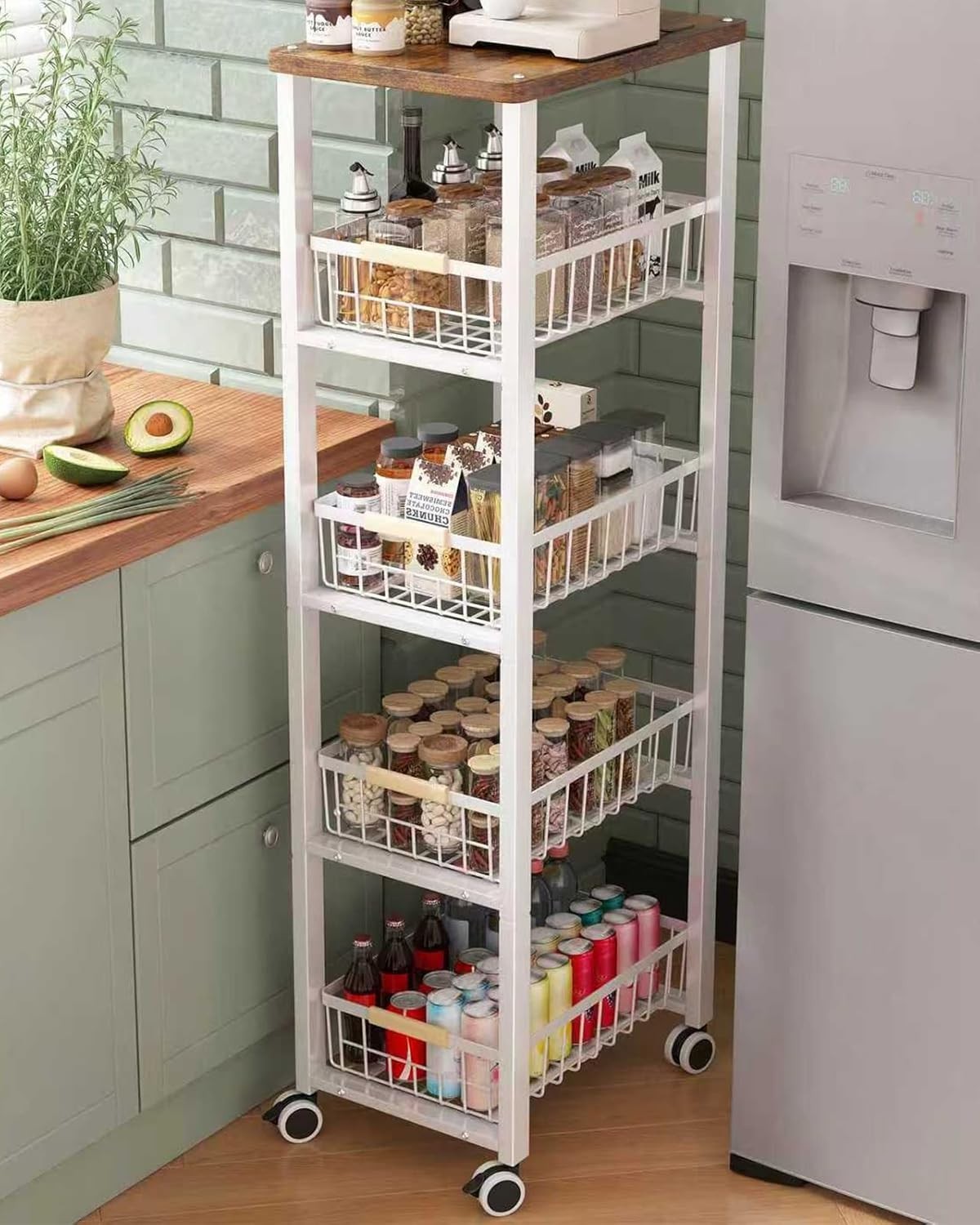 5 Tier Slim Kitchen Storage Trolley on Wheels Wood Top