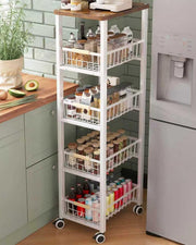 5 Tier Slim Kitchen Storage Trolley on Wheels Wood Top