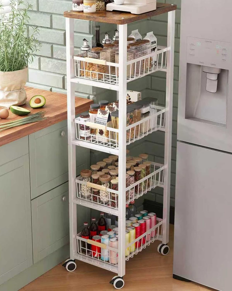 5 Tier Slim Kitchen Storage Trolley on Wheels Wood Top