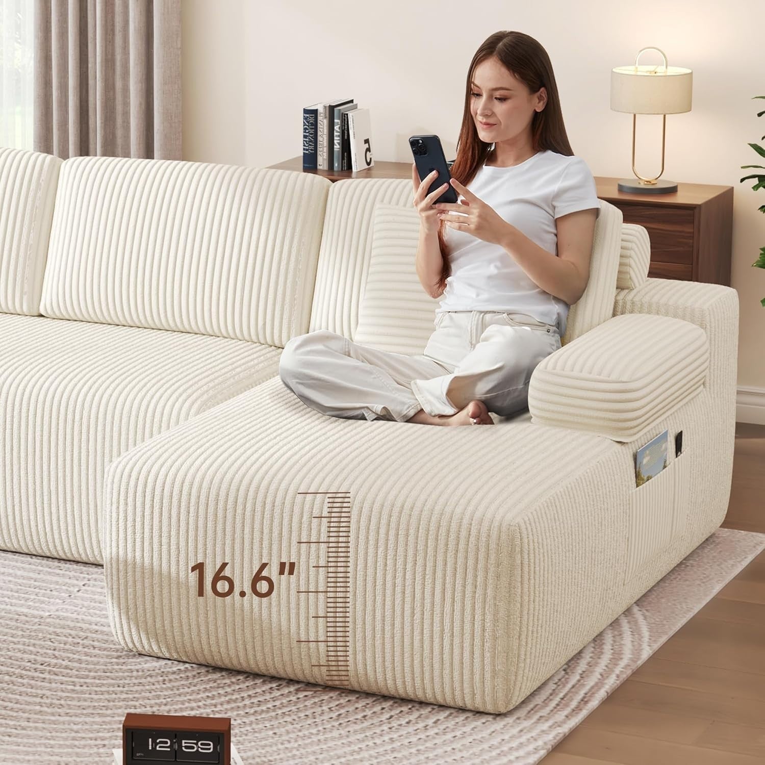 Modular U-Shaped Corduroy Sofa Bed with Memory Foam & Storage Pocket