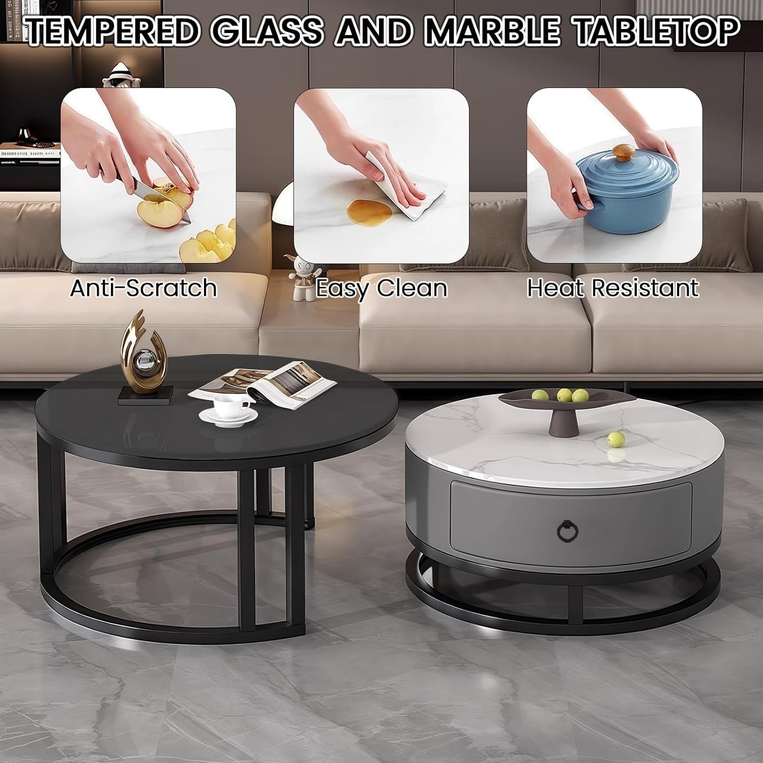Luxury 2-in-1 Nesting Coffee Table Set with Drawer, Marble & Glass Top, Space