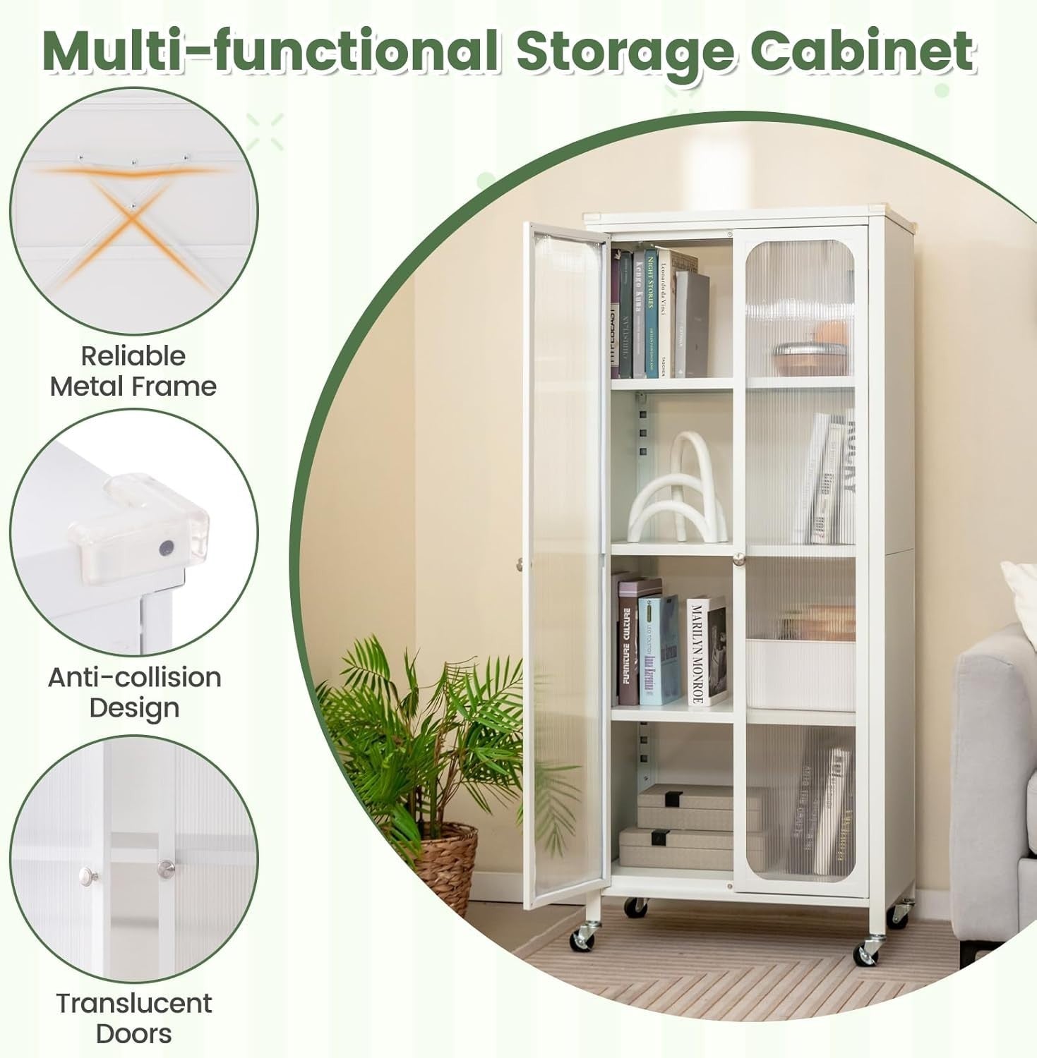 147cm White Mobile Storage Cabinet | Adjustable Shelves & Casters