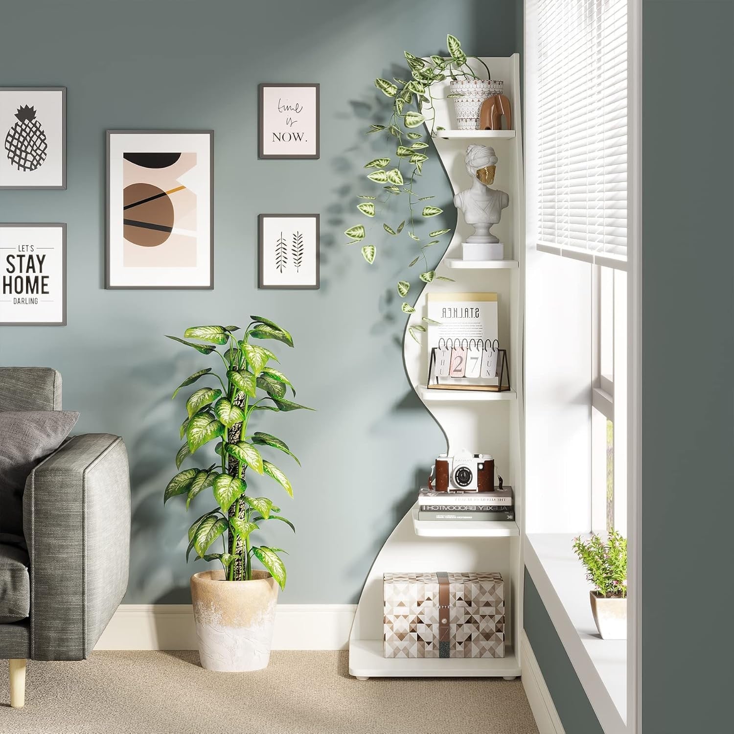 Modern 5-Tier Corner Bookshelf Wave Design Wall Storage Rack for Living Room