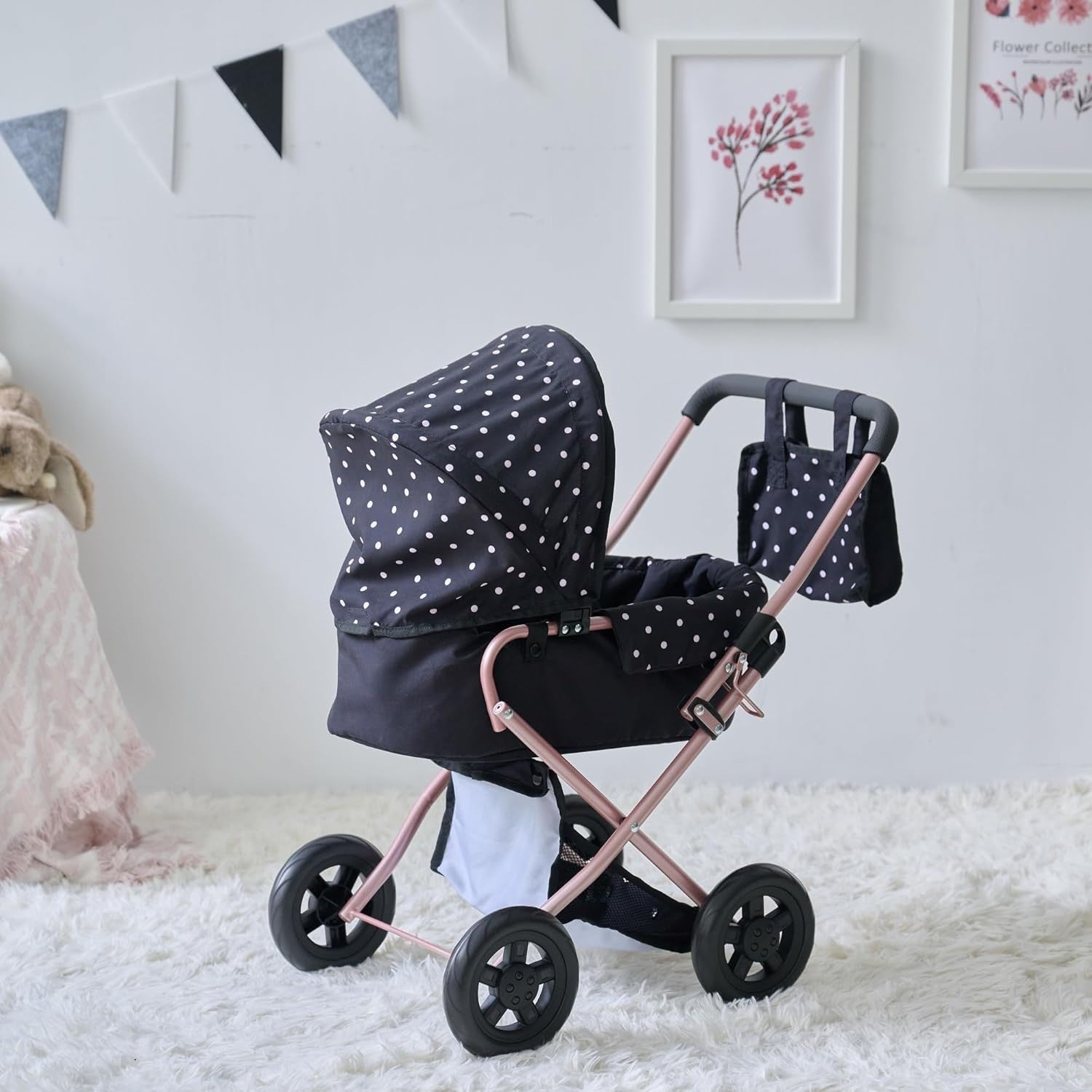 2-in-1 Doll Stroller Removable Bassinet Foldable Canopy Basket Bag