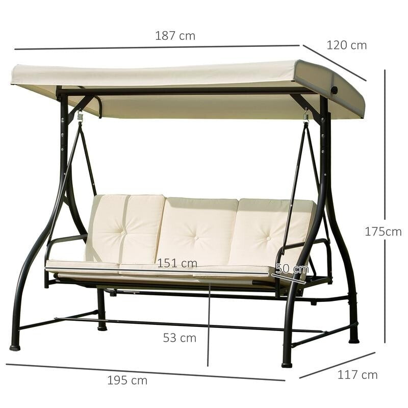 3 Seater Garden Swing Chair with Canopy & Cushions – Beige/Black Hammock