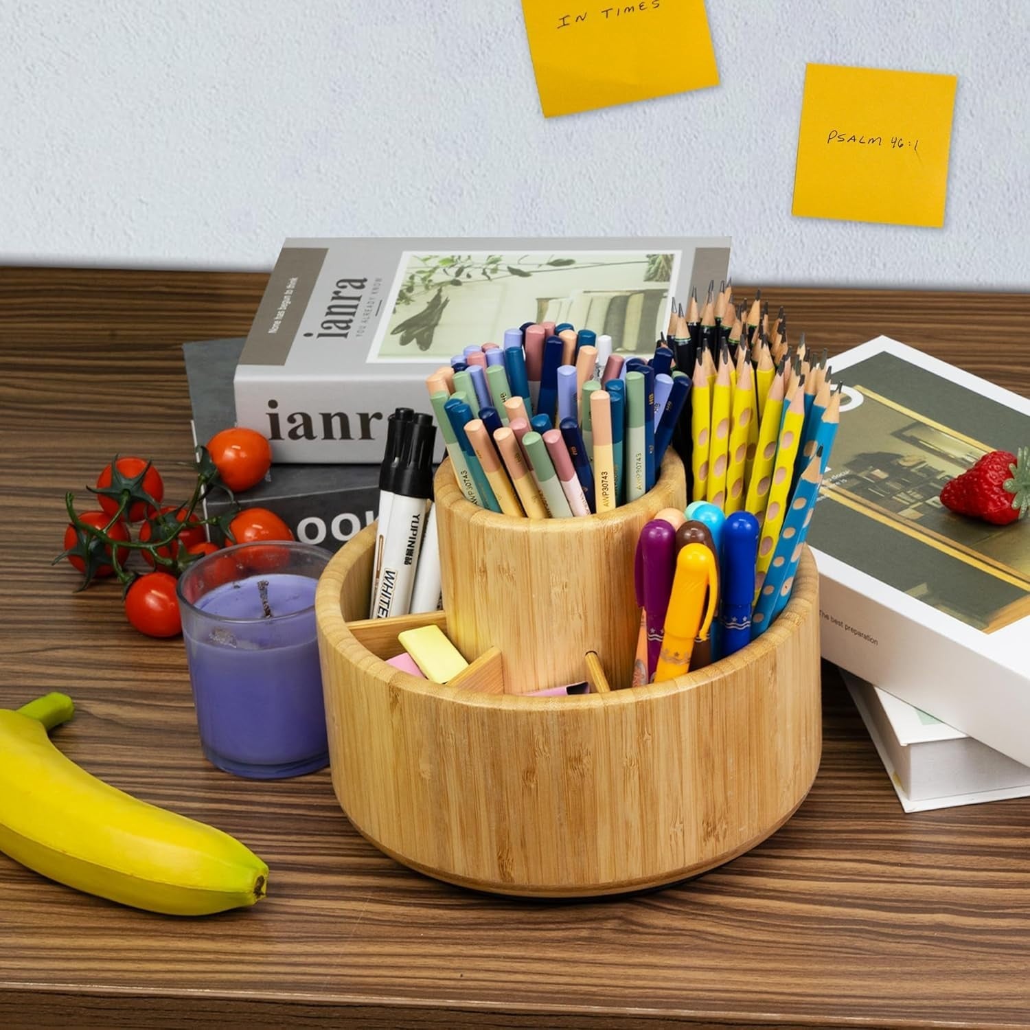 Rotating Bamboo Desk Organizer 11 Compartments Large Pen & Art Holder