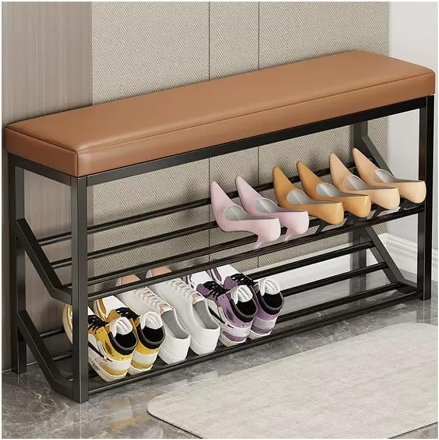 2-Tier Black & Brown Entryway Shoe Rack Bench with Padded Seat