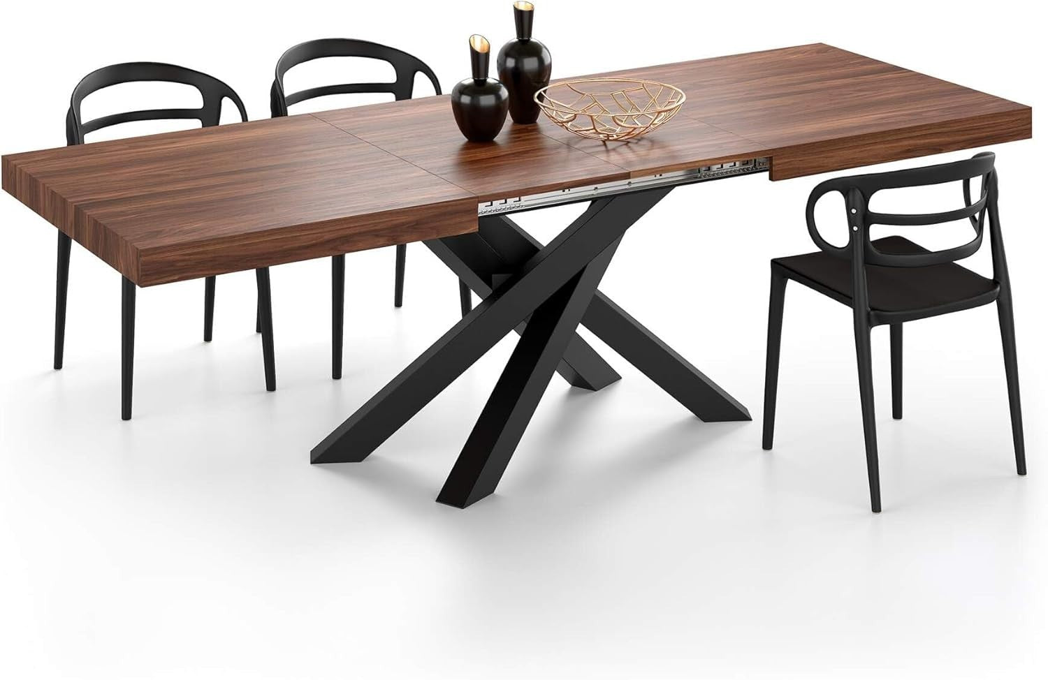 Extendable Walnut Dining Table 160–240cm w/ Black Cross Legs Modern