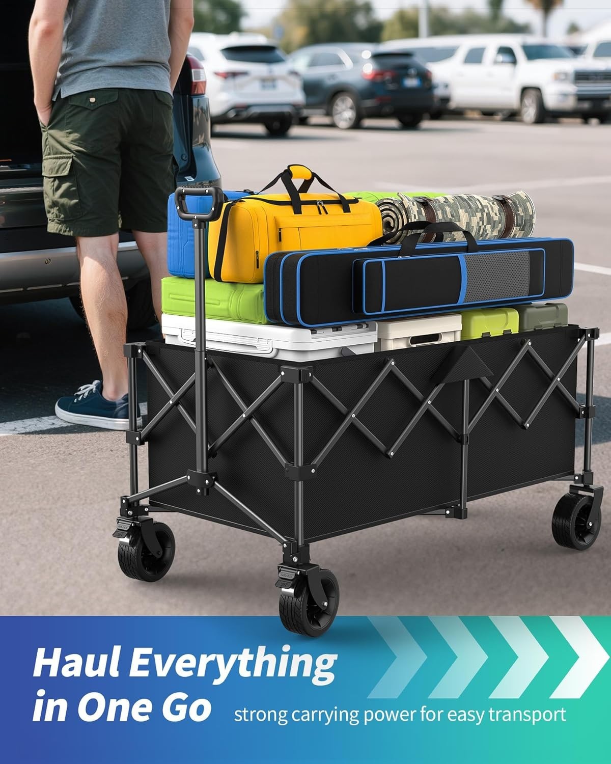Black 230L Heavy Duty Folding Camping Wagon Festival Trolley Adjustable Handle
