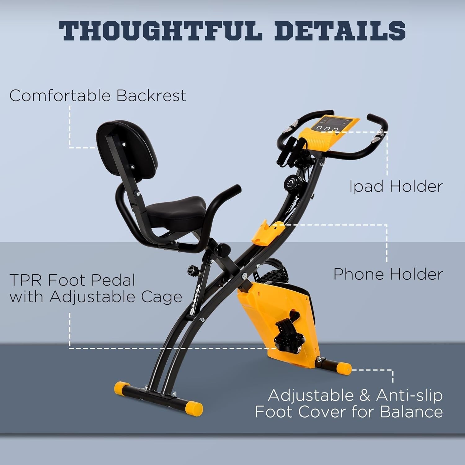 Yellow 3-in-1 Folding Exercise Bike Magnetic Resistance LCD Pulse & Bands