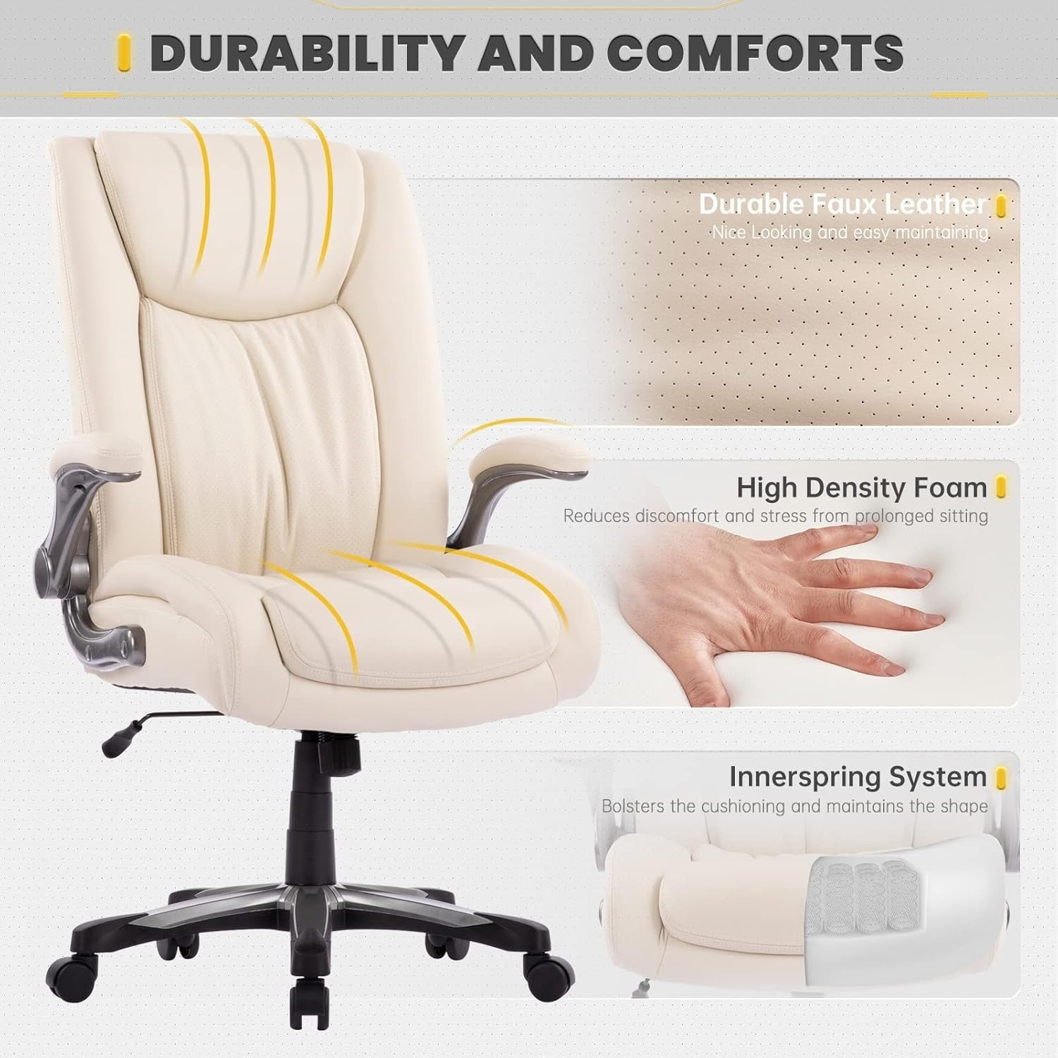 Big & Tall Office Chair Ergonomic Desk Seat 400lbs Wide PU Leather Ivory