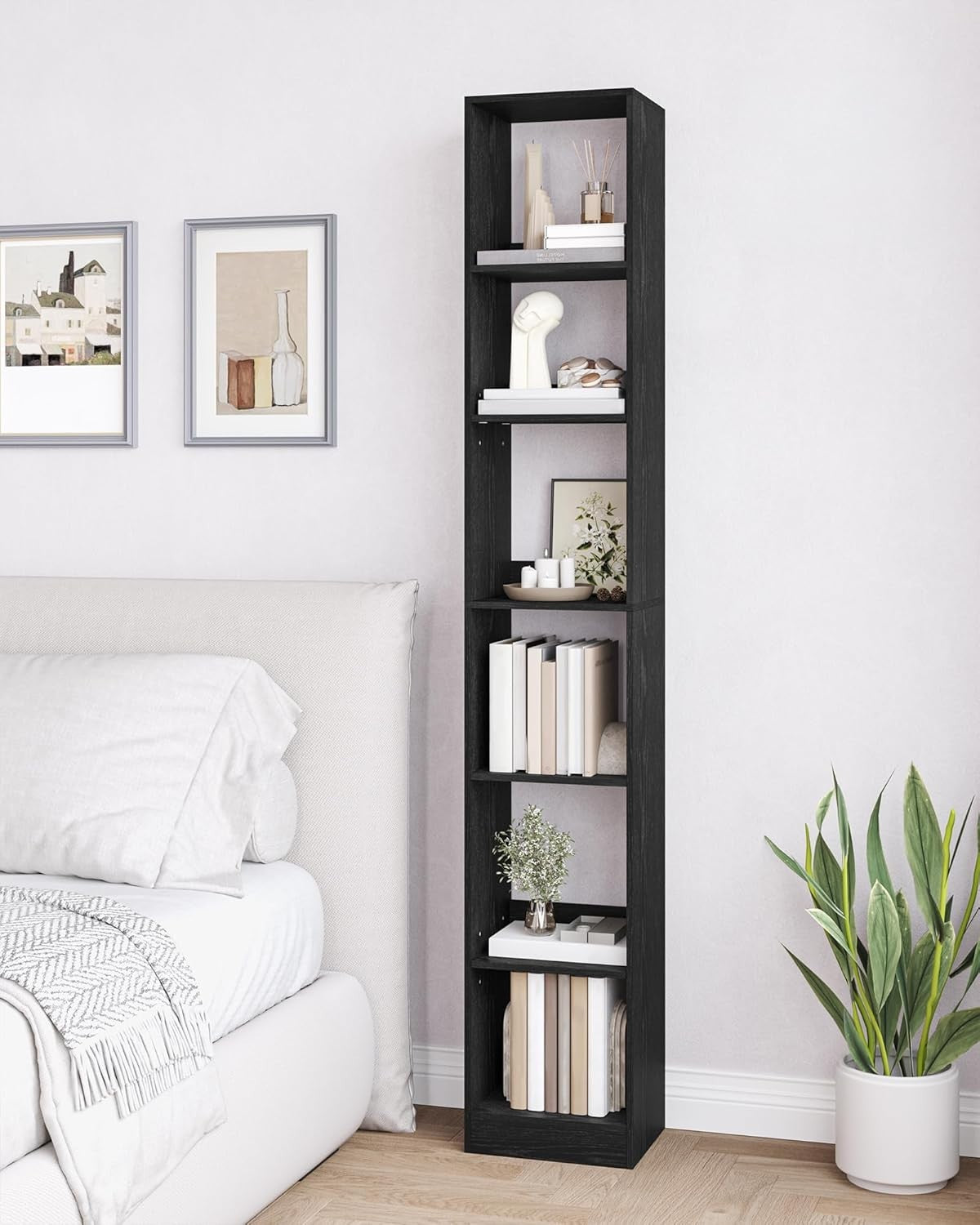 Modern 6-Tier Black Wooden Bookshelf, Adjustable Shelves, 24x30x184 cm