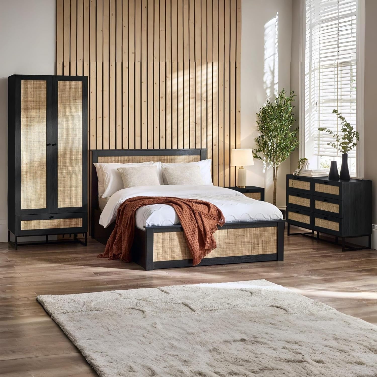 Modern Black 2 Drawer Bedside Table with Rattan Front 50x30x55cm