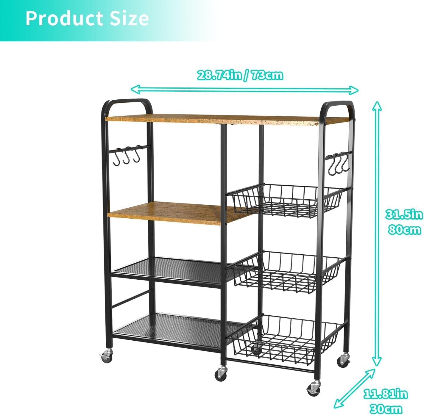 4 Tier Kitchen Trolley on Wheels w/ Pull Out Baskets
