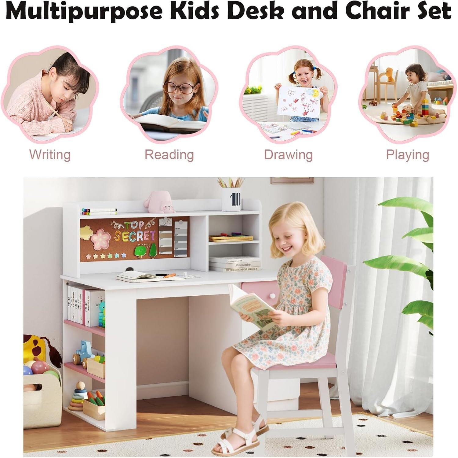 Kids Study Desk & Chair Set Wooden Children’s Table w/ Storage Shelf Pink White