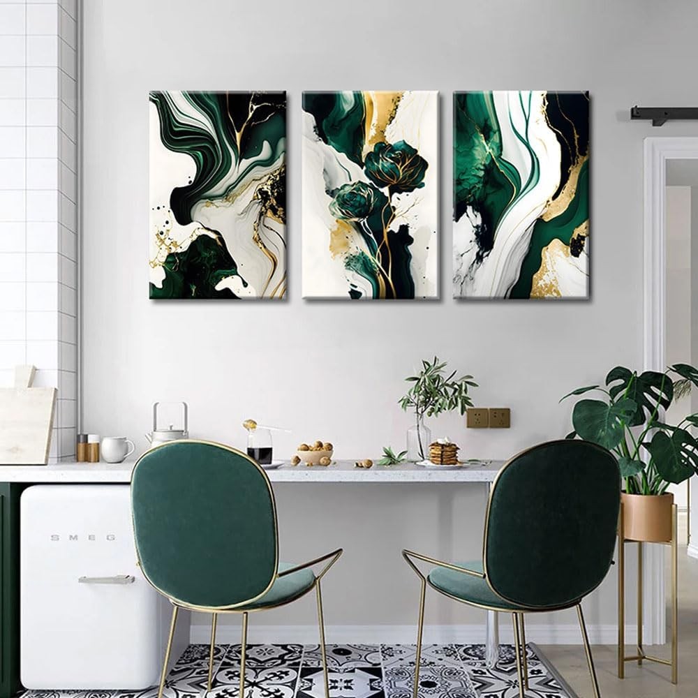 Emerald Green Gold Abstract Canvas Wall Art 3 Piece Set