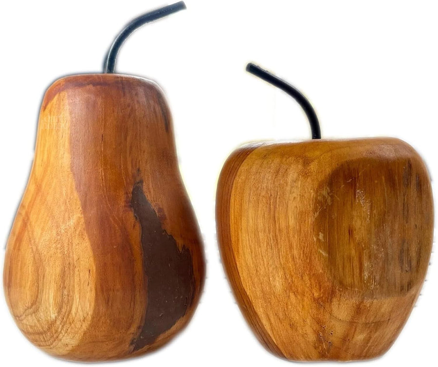 Hand-Carved Teak Wood Apple & Pear Set – Rustic Decorative Fruit Ornaments