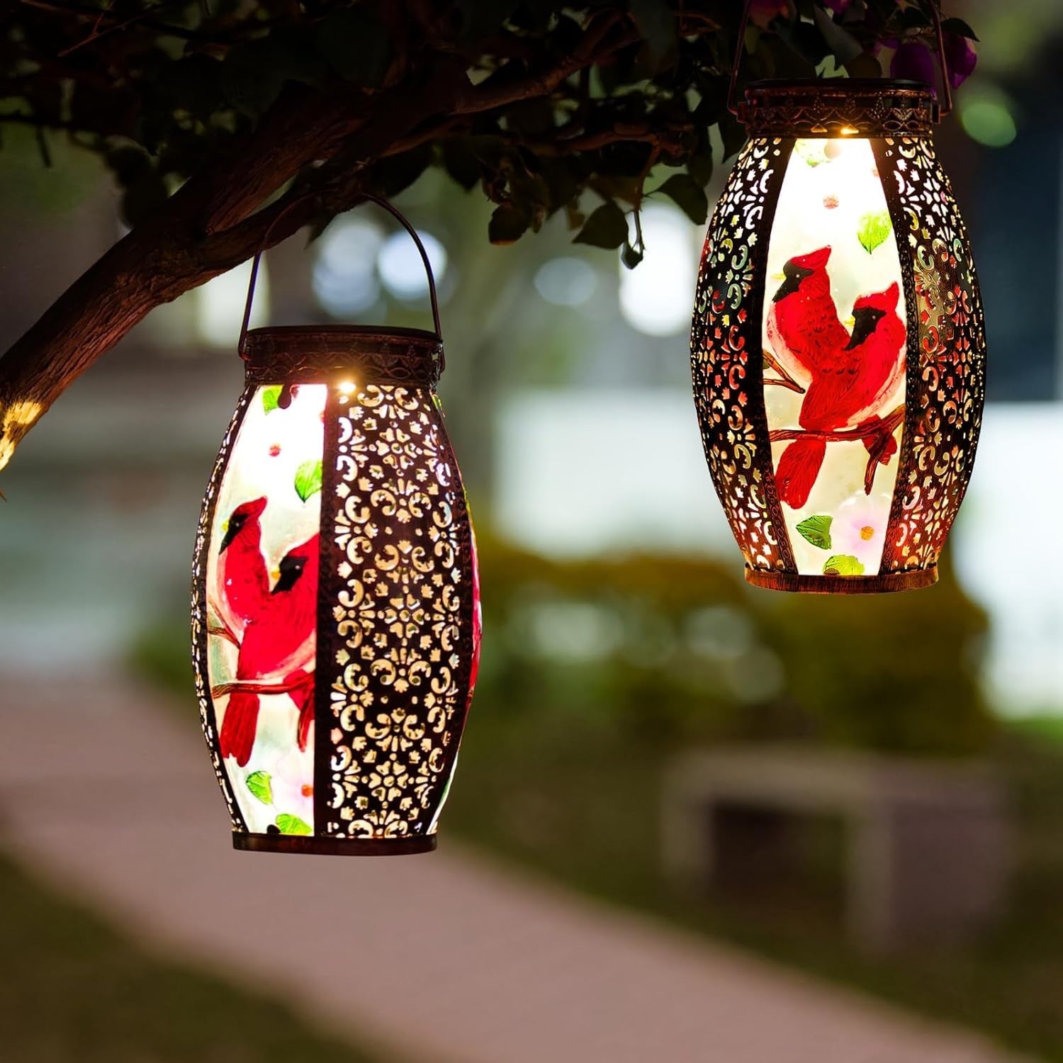 Hanging Cardinal Solar Lantern 2 Pack – Waterproof LED Garden Lights