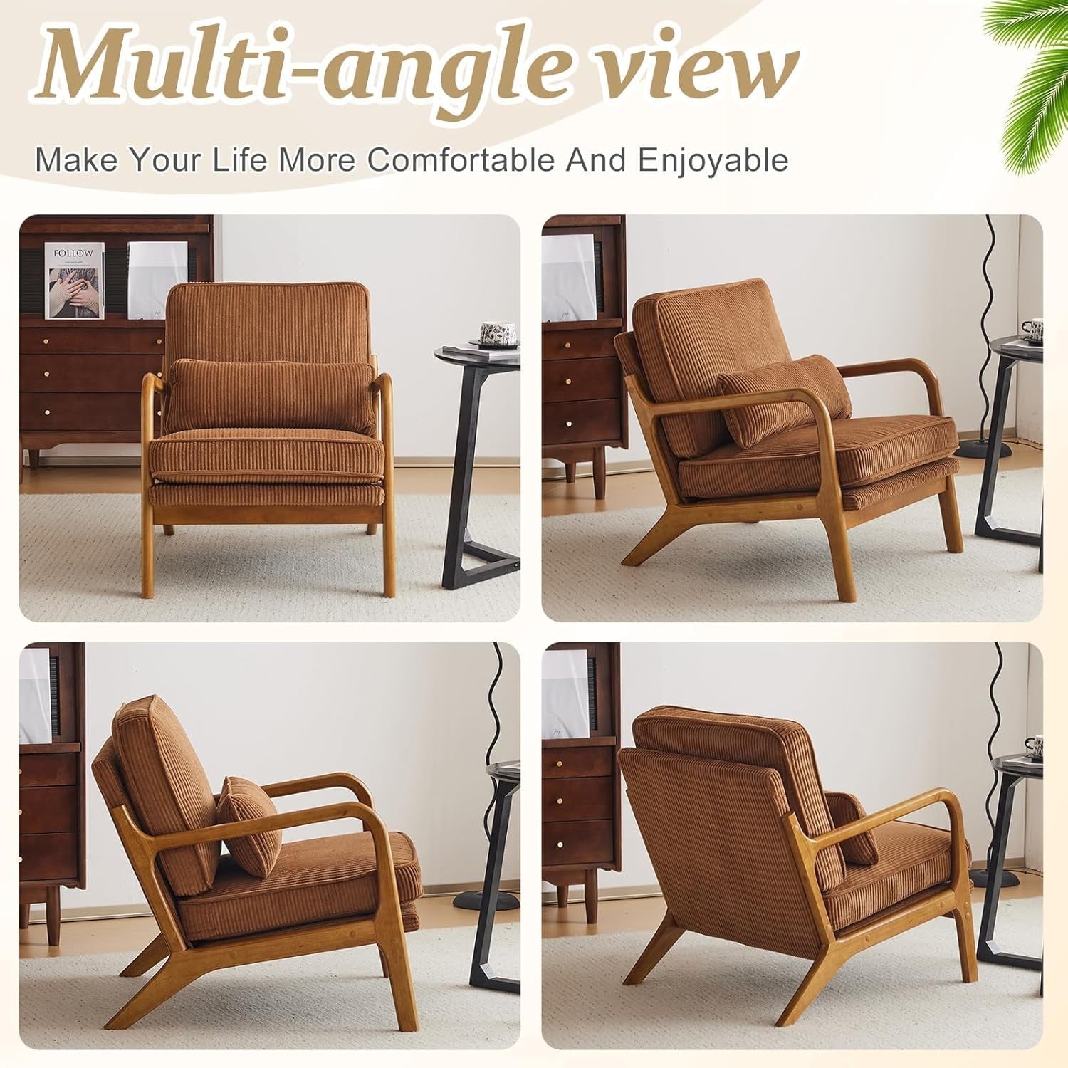 Brown Corduroy Accent Armchair Solid Wood Lounge Chair Wide Arm