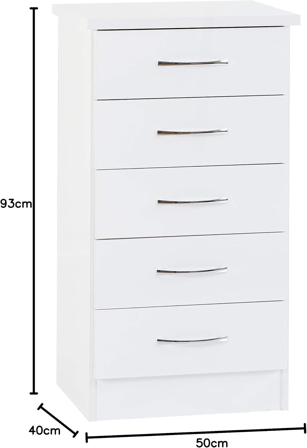 White Gloss 5 Drawer Slim Chest Tall Storage Unit Narrow Bedroom Organiser